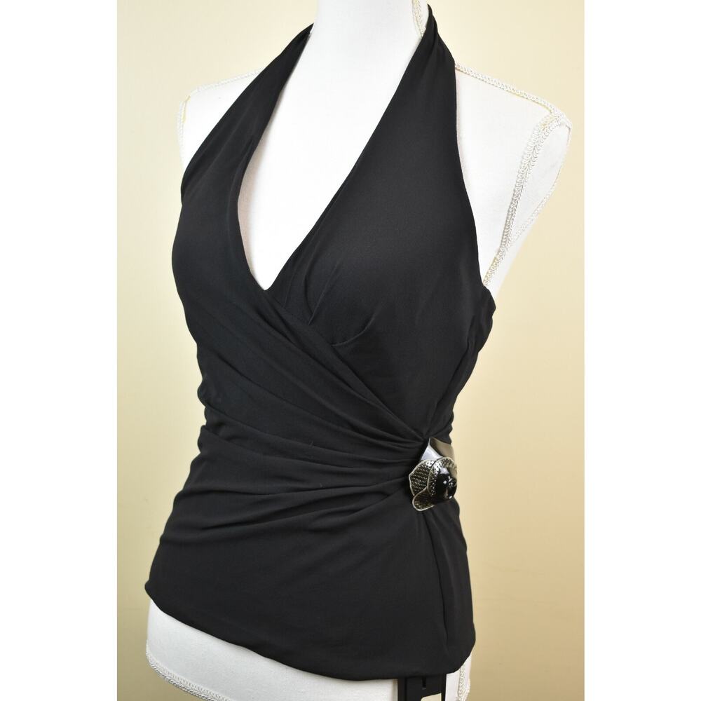 GIANNI VERSACE BLACK SILK SLEEVELESS FLOWER BROOCH TOP HALTER BLOUSE 44 ITALY